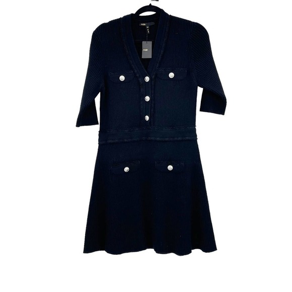 Maje Rimosala Rib-Knit Mini Dress Banded waist Black Size 8 NWT - Picture 4 of 10